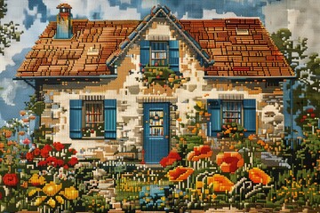 Wall Mural - A house with a blue door and a blue window. The house is surrounded by a garden with flowers and a rock