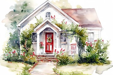 Wall Mural - A house with a red door and a white trim. The house is surrounded by a garden with red flowers