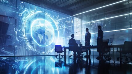 Poster - Futuristic business meeting with innovative technology, dynamic discussions, and positive energy.