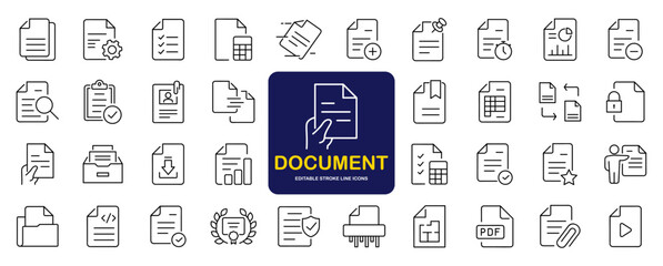 Poster - Document set of web icons in line style. Documents linear icon collection. Containing contract papers, folder, certificate, accept, approved, clipboard, invoice, archive and more. Editable stroke