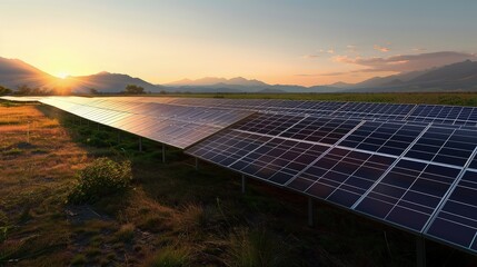 Wall Mural - A serene landscape featuring a field of solar panels with the sunrise in the background, reflecting a commitment to renewable energy. Mountains are visible in the far distance under a clear sky.