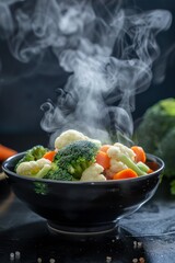 Sticker - Steaming hot bowl of fresh mixed vegetables. Broccoli, cauliflower, and carrots are served in a black bowl. Healthy and nutritious meal. Perfect for vegetarian and vegan diets. Studio shot. AI