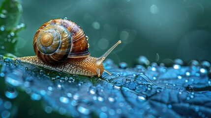 Macro Shot of Snail on Leaf with Dew Drops.