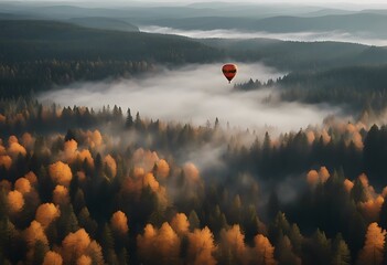 Wall Mural - misty aerial pine hot autumn forest tree balloon air amazing landscape background nature mist sunset morning sky holiday day mountain fly beautiful colourful travel sun