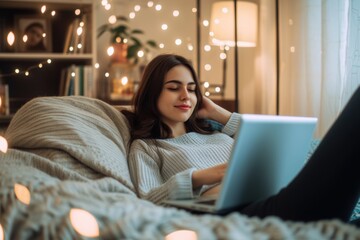 Wall Mural - Connect and relax at home Beautiful Young Woman relaxing and surfing the net at home