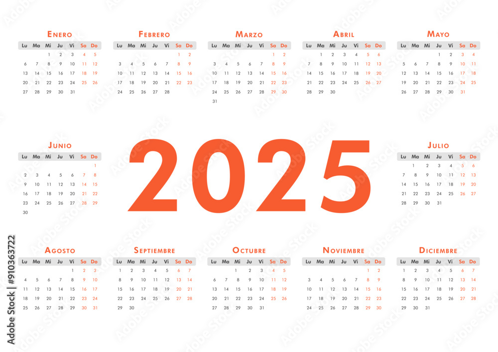 Horizontal modern A4 calendar for 2025 on spanish language. Week starts ...