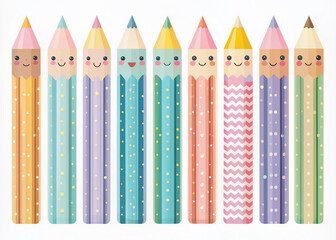 Adorable pastel-colored pencil set with cute designs in a flat design style vector illustration, featuring a colorful collection of writing utensils in a whimsical arrangement.