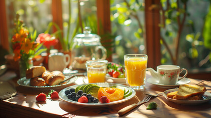 Wall Mural - Healthy Homemade Breakfast With Fresh Fruits And Juice In Sunlight