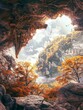 © Irina Ukrainets - Beautiful cave opening view of a stunning autumn landscape with rocky cliffs and vibrant trees. This serene and natural scenery captures the peaceful essence of fall. Great for nature lovers. AI