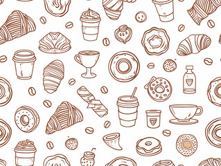 Seamless Pattern of Coffee and Bakery Line Icons