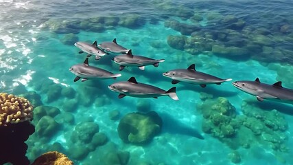 Wall Mural - A group of dolphins moves elegantly in vibrant waters, showcasing their acrobatics alongside colorful coral formations