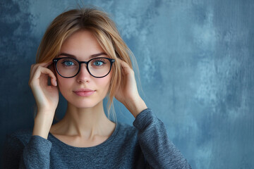 Wall Mural - Wacky Female blogger wearing glasses looking at camera