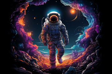 Wall Mural - astronaut walking on alien landscape amid colorful cosmic background and celestial bodies above