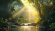 © flashmovie - Sunlit jungle stream surrounded by dense foliage