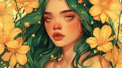 Poster - A highly detailed illustration of a beautiful young woman with green hair and red highlights in close up, surrounded by yellow flowers. The warm background features soft, golden