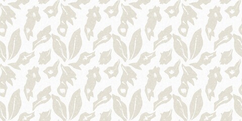 Wall Mural - Seamless french gender neutral floral linen printed fabric border background. Light mottled white on grey cottage core block print pattern. Shabby chic woven duotone cloth effect. 