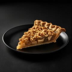 Sticker - Slice of warm apple crumble pie on a black plate. Perfect for dessert menus and recipe blogs. High-quality image with a comforting style for various food and beverage promotions. AI.