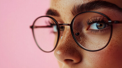 Wall Mural - Woman’s eyes in glasses looking stright ahead, isolated on pink background