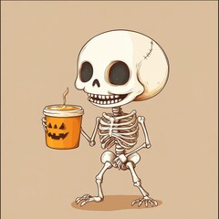 Skeleton holding Halloween-themed orange cup, beige background, spooky, cute, charming, festive, halloween concept