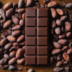 Wall Mural - Chocolate bar with cocoa beans, surrounded by chocolate pieces, showcasing dark chocolate, food concept