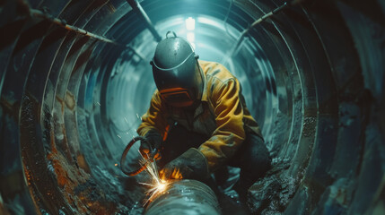 Wall Mural - The welder is inside a large pipe and performs welding work.