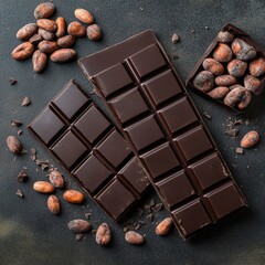 Wall Mural - Dark chocolate bars, broken pieces, whole cocoa beans on dark surface, chocolate, food photography concept