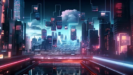 Wall Mural - Neon technology city business concept with skyscraper buildings and virtual network connection