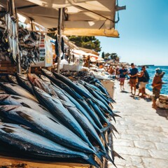 Fresh fish market along a seaside promenade, vibrant stalls, colorful scenic, seafood shopping concept