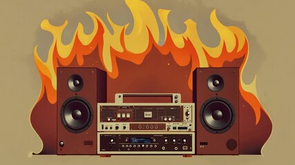 Poster - A retro stereo system with speakers is surrounded by vibrant flames, showcasing a dynamic blend of classic technology and energetic design.