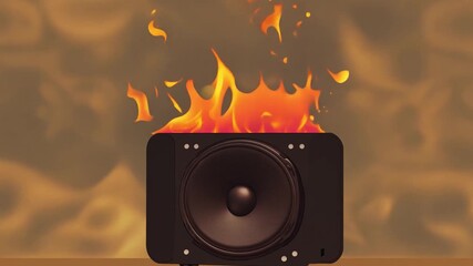 Poster - A speaker is engulfed in flames while vibrant music plays, creating a striking visual during a lively nightlife event.