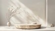© Johannes - Minimal podium for cosmetic product presentation made of stone and wood. Natural product present placement display, beauty product promotion mockup. Trendy minimalist natural background