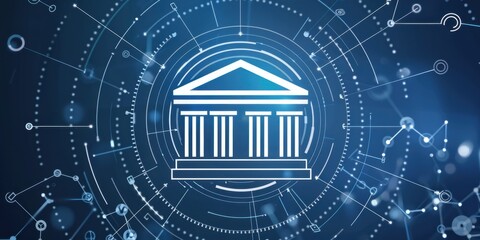 Poster - digital icon of a bank building with columns on a blue background, surrounded by white circles and lines in the style of futuristic technology Generative AI