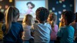 © Nima - Diverse Kids Watching Animated Movie on Projector Screen - A group of children watch an animated movie projected on a screen, representing a diverse classroom, entertainment, and learning.