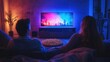 © furyon - family movie night in a cozy dimly lit living room soft glow from a massive curved oled tv illuminates awestruck faces popcorn and blankets scattered around