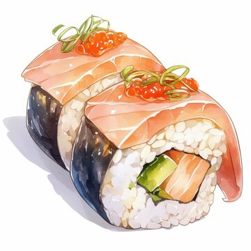 sushi roll, Japanese food element, watercolor style