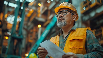 Poster - experienced construction worker reviewing project plans inside busy industrial facility during dayti