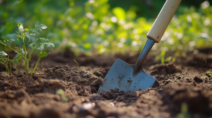 Wall Mural - A trowel in the garden, surrounded by freshly turned earth and plants. This tool is essential for performing various gardening tasks.