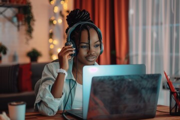 Poster - Woman working in home office One woman, black woman working in home office, she is working on laptop and wearing a headset. Having customer support video call