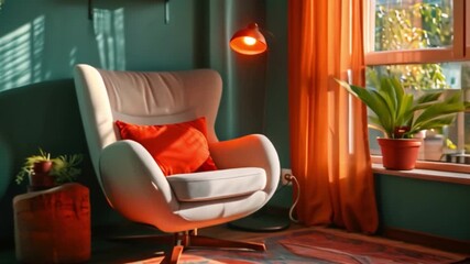 Aufkleber - This soft armchair beside a window with warm curtains and houseplants.