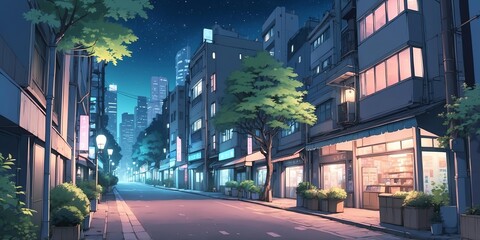 Soft pastel style anime casual night urban forest scene for background