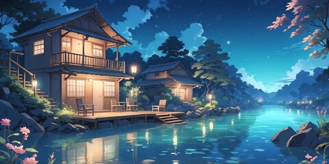 Sticker - Soft pastel style anime casual night rural underwater scene for background