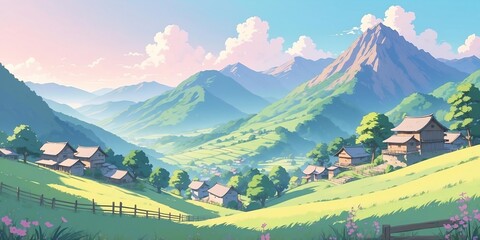 Sticker - Soft pastel style anime casual morning rural mountain scene for background