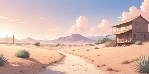 Sticker - Soft pastel style anime casual morning rural desert scene for background