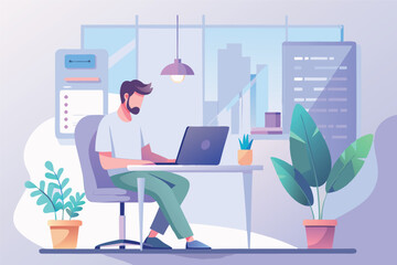Young man with laptop. Remote work, freelance concept for banner or landing web page