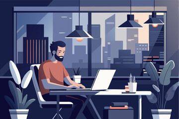 Young man with laptop. Remote work, freelance concept for banner or landing web page