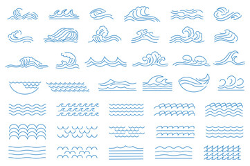 Aufkleber - Water waves mega set elements in flat graphic design. Bundle objects of blue lines contours of aqua streams, ripple puddles shapes, swirl fountain forms, pouring fluid curves. Vector illustration.