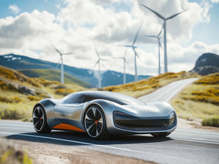 Wall Mural - Car drives along a mountain road against the backdrop of wind turbines. Alternative energy for the car. electric car against the backdrop of wind turbine farms