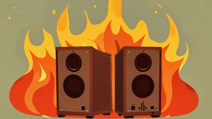 Poster - Wooden speakers emit sound while being dramatically encircled by vibrant flames against a muted background.