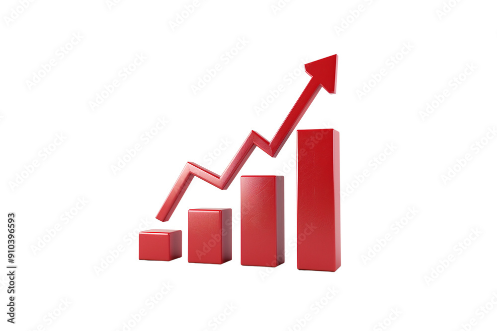 A red arrow pointing upwards alongside a bar chart, isolated on a ...