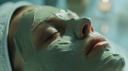 A woman with a green facial mask on her face is lying on a table with her eyes closed.